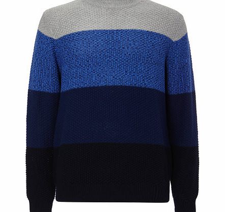 Bhs Blue Texture Block Striped Crew Neck Jumper,