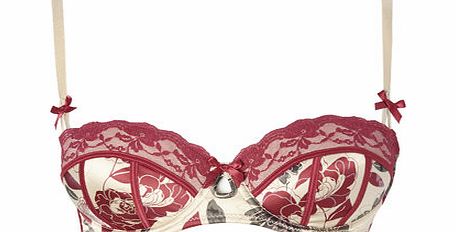 Bhs Cream and Red Floral Print Satin Balcony Bra,