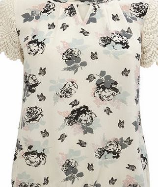 Bhs Cream/Multi Flutted Lace Sleeve Top, cream multi