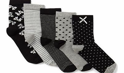 Bhs Girls 5 Pack Bow And Stripe Socks, black/multi