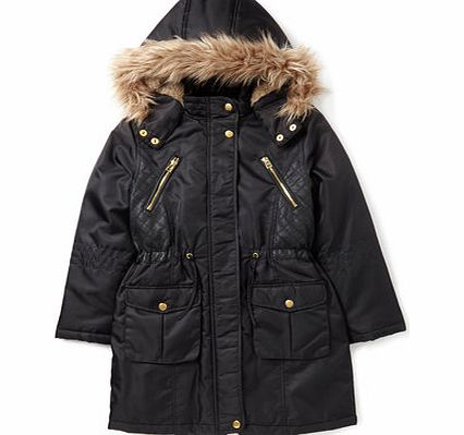 Girls Girls Black Quilted Detail Parka Coat,