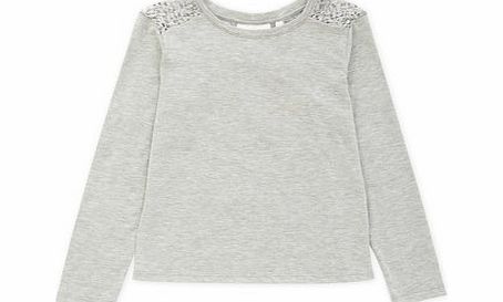 Bhs Girls Long Sleeve Grey Lace Back Top, grey marl