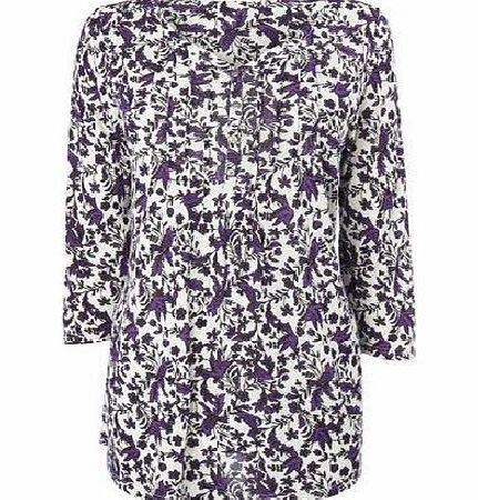 Bhs Ivory And Purple Bird Print Pleat Detail Top,