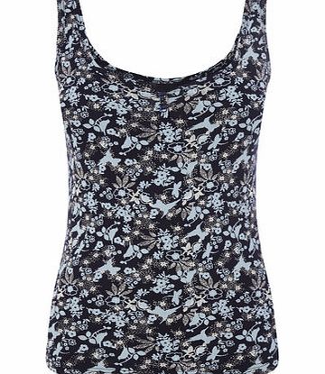 Bhs Navy Bird Floral Printed Sweetheart Vest, blue
