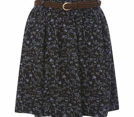 Bhs Navy Bird Print Belted Skirt, navy print