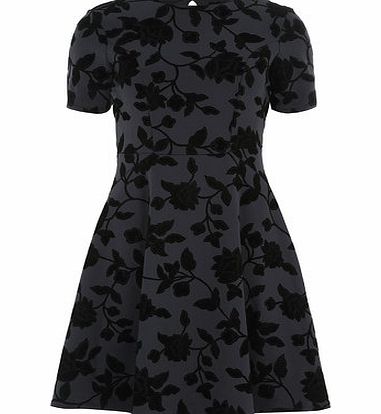 Bhs Navy Floacked Fit and Flare Dress, blue