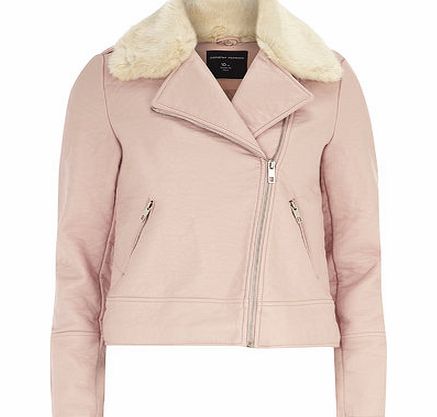 Bhs Pink Faux Fur Collar Biker Jacket, pink
