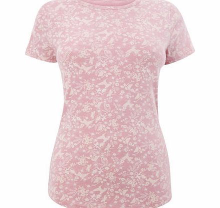 Bhs Pink Short Sleeve Bird Print Crew Neck Top, pale