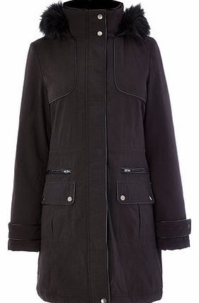 Womens Black PU & Faux Fur Trim Parka, black