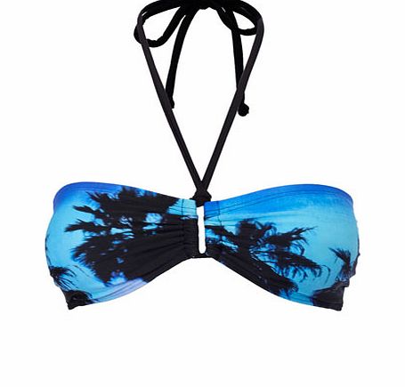 Womens Blue Palm Print Bandeau Top, blue multi