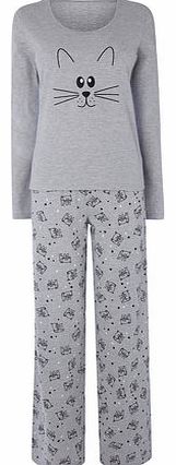 Womens Grey Marl Cat Face PJ Set, grey marl