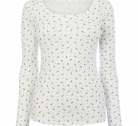 Womens Ivory Long Sleeve Tulip Print Scoop Neck