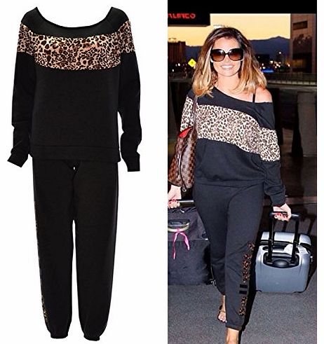 BLISSRETAIL Women Ladies Batwing Celeb Off Shoulder Leopard Print Jogging Suit Tracksuit Bottom Top (M/L, Black)