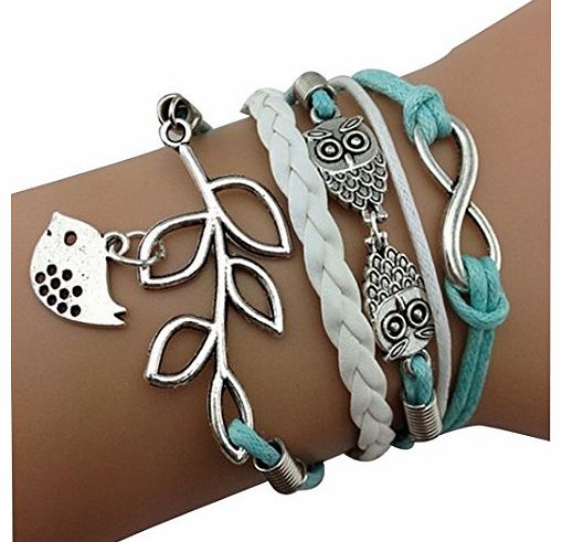 Bocideal Vintage Handmade Infinity Silver 8 Owl Leaf Bird Leather Bracelet Wristband New