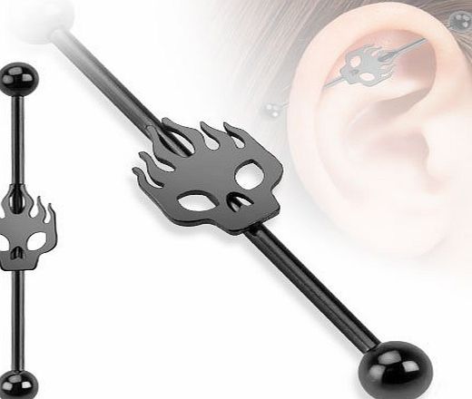 Body Jewellery Shack 1 of Industrial Scaffold piercing bars FLAMING SKULL BLACK 38mm Titanium IP barbell