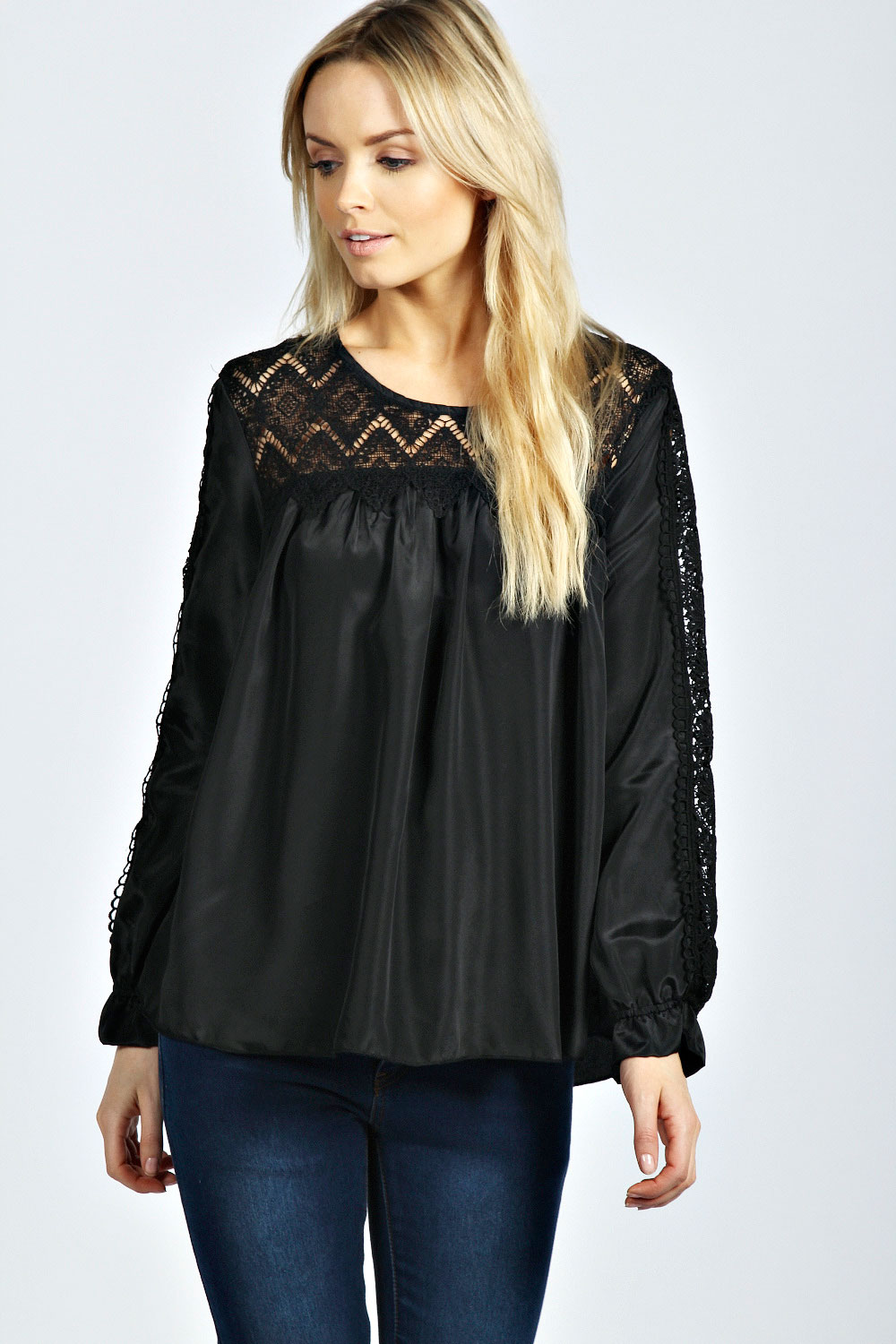 boohoo Abbi Lace Panel Long Sleeve Swing Blouse