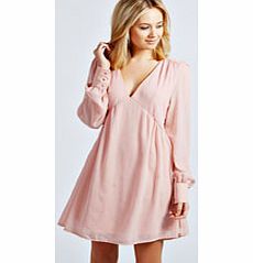 Aerial Long Sleeve V Front Smock Dress - nude