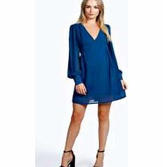 Aerial Long Sleeve V Front Smock Dress - teal