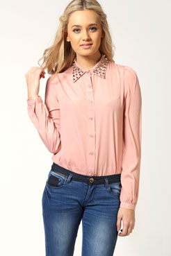 boohoo Alexis Woven Spike Stud Collar Blouse Female