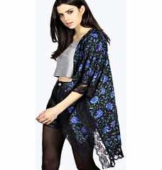 Annabelle Dark Floral Lace Trim Kimono - multi