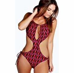 boohoo Aruba Aztec Plunge Front Tie Side Swimsuit -