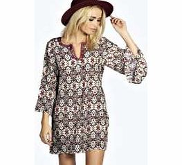 Ashleigh Printed Woven Trim Kaftan Dress - berry