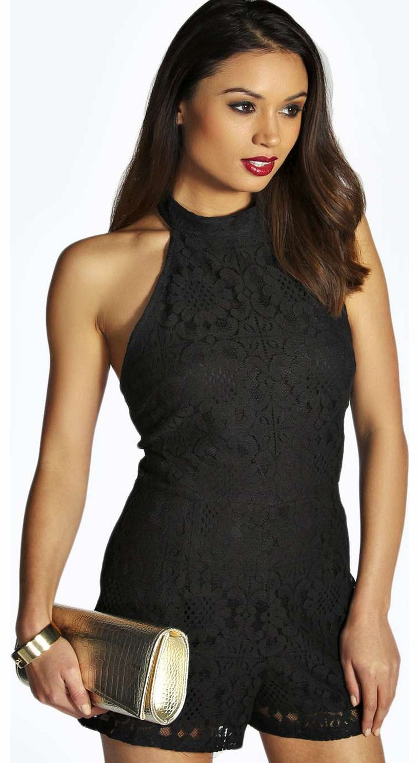 Betsy High Neck Lace Playsuit - black azz15678