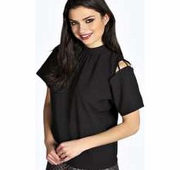 boohoo Caged Open Shoulder High Neck Blouse - black