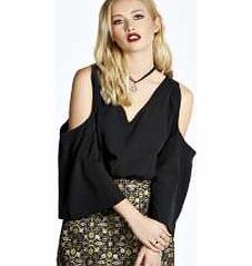 boohoo Casey V Neck Cold Shoulder Blouse - black azz20250