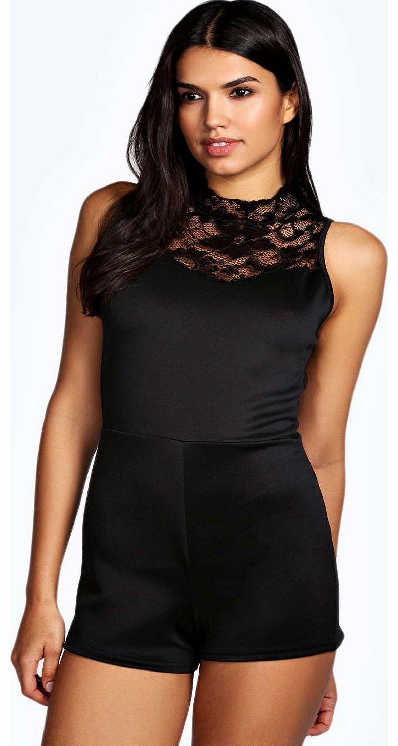 Cassie High Neck Lace Insert Sleeveless Playsuit