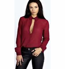 boohoo Collared Deep Plunge Long Sleeve Blouse - berry