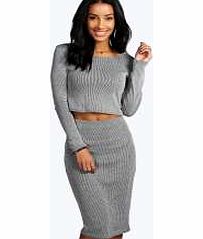 boohoo Contrast Knitted Rib Tube Midi Skirt - grey marl