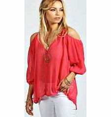 boohoo Cut Out Shoulder Button Through Blouse - coral