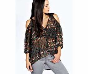boohoo Cut Out Shoulder Nordic Aztec Print Blouse -
