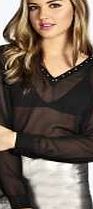 boohoo Deep Plunge Eyelet Sheer Blouse - black azz20434