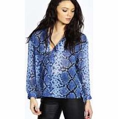 boohoo Deep V Snake Print Long Sleeve Blouse - blue