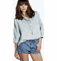 boohoo Denim Blouse Sleeve Grandad Smock Shirt - blue