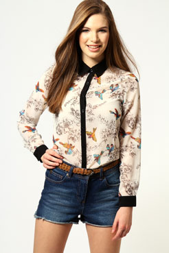 boohoo Elise Long Sleeve Bird Print Chiffon Blouse Female