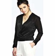 boohoo Eliza Wrap Over Silky Mix Plunge Blouse - black