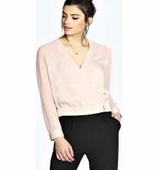 boohoo Eliza Wrap Over Silky Mix Plunge Blouse - nude