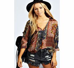 boohoo Ellie Boho Print Wrap Front Blouse - multi