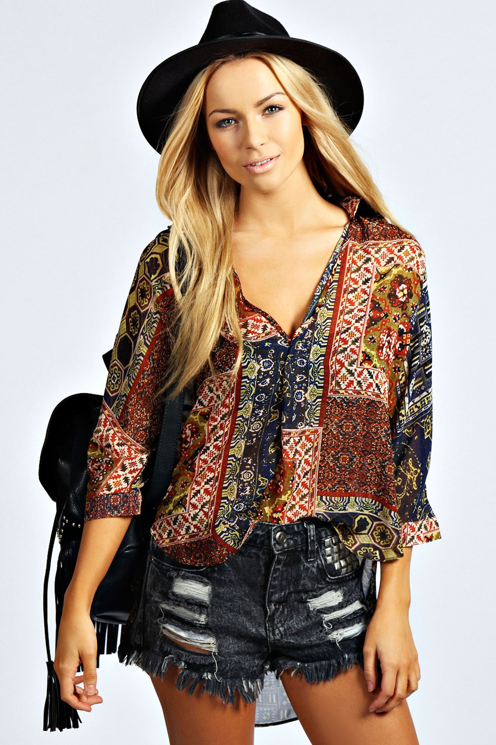 boohoo Ellie Boho Print Wrap Front Blouse -