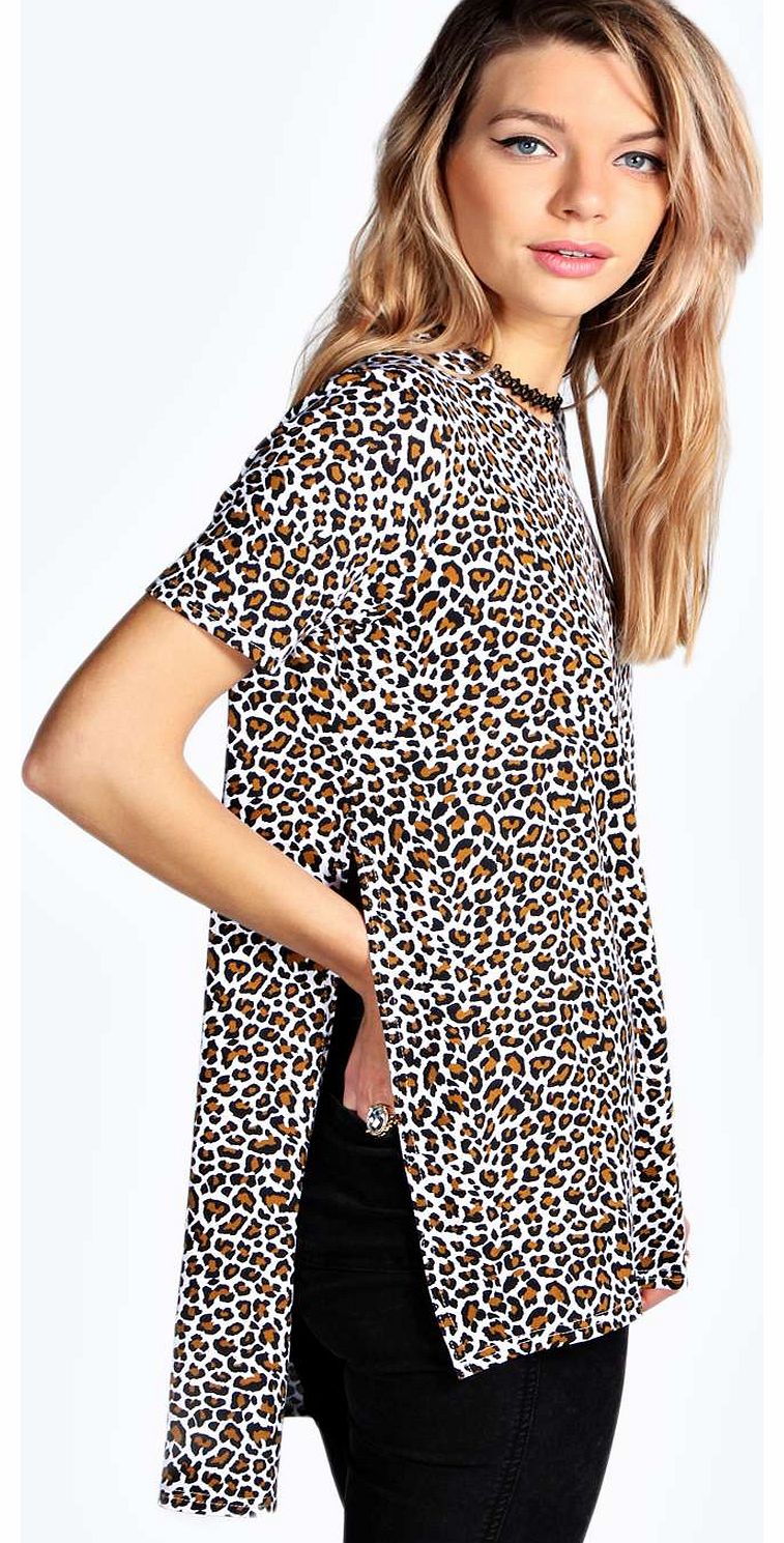 Eloise Leopard Print Split Side Tee - white