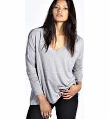 Eloise V Neck Oversized Longline Tee - grey marl