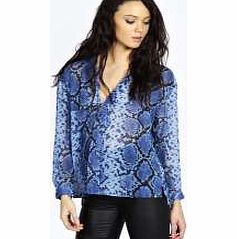 boohoo Emilie Deep V Snakeskin Long Sleeve Blouse -