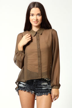 boohoo Emily Gold Studded Chiffon Blouse Female