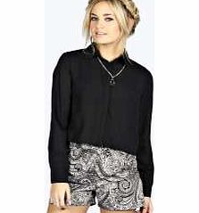 Emily Wrap Back Long Sleeve Boxy Shirt - black