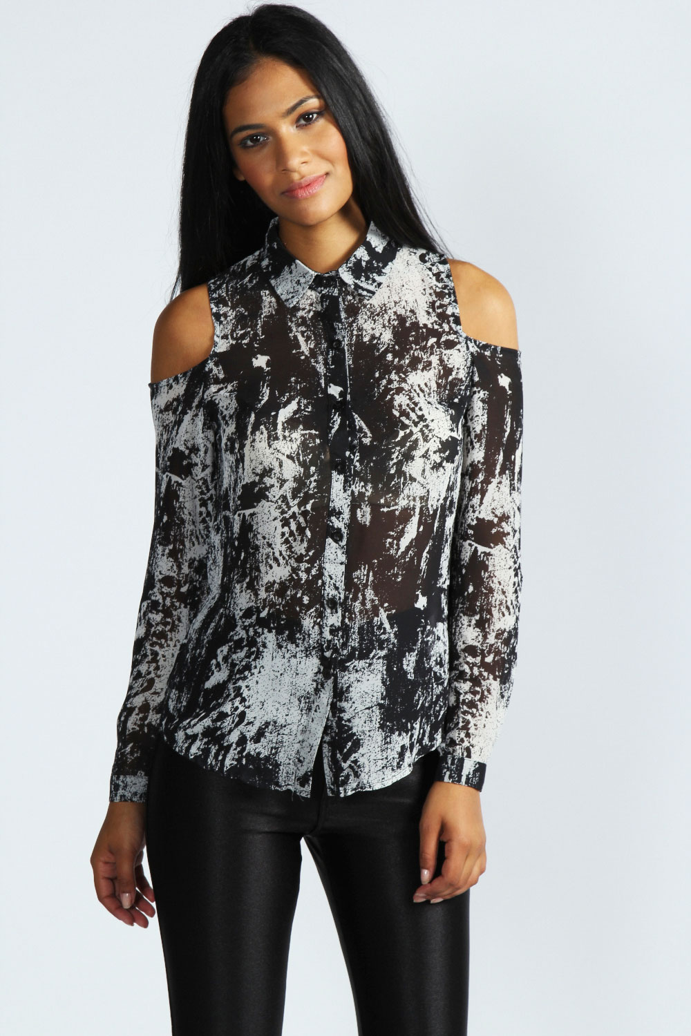 Emma Smudge Print Cut Out Shoulder Blouse