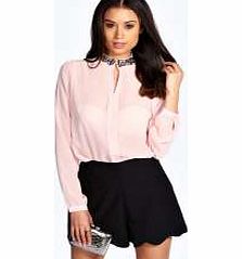 Emmy Beaded Collar Lace Trim Blouse - blush