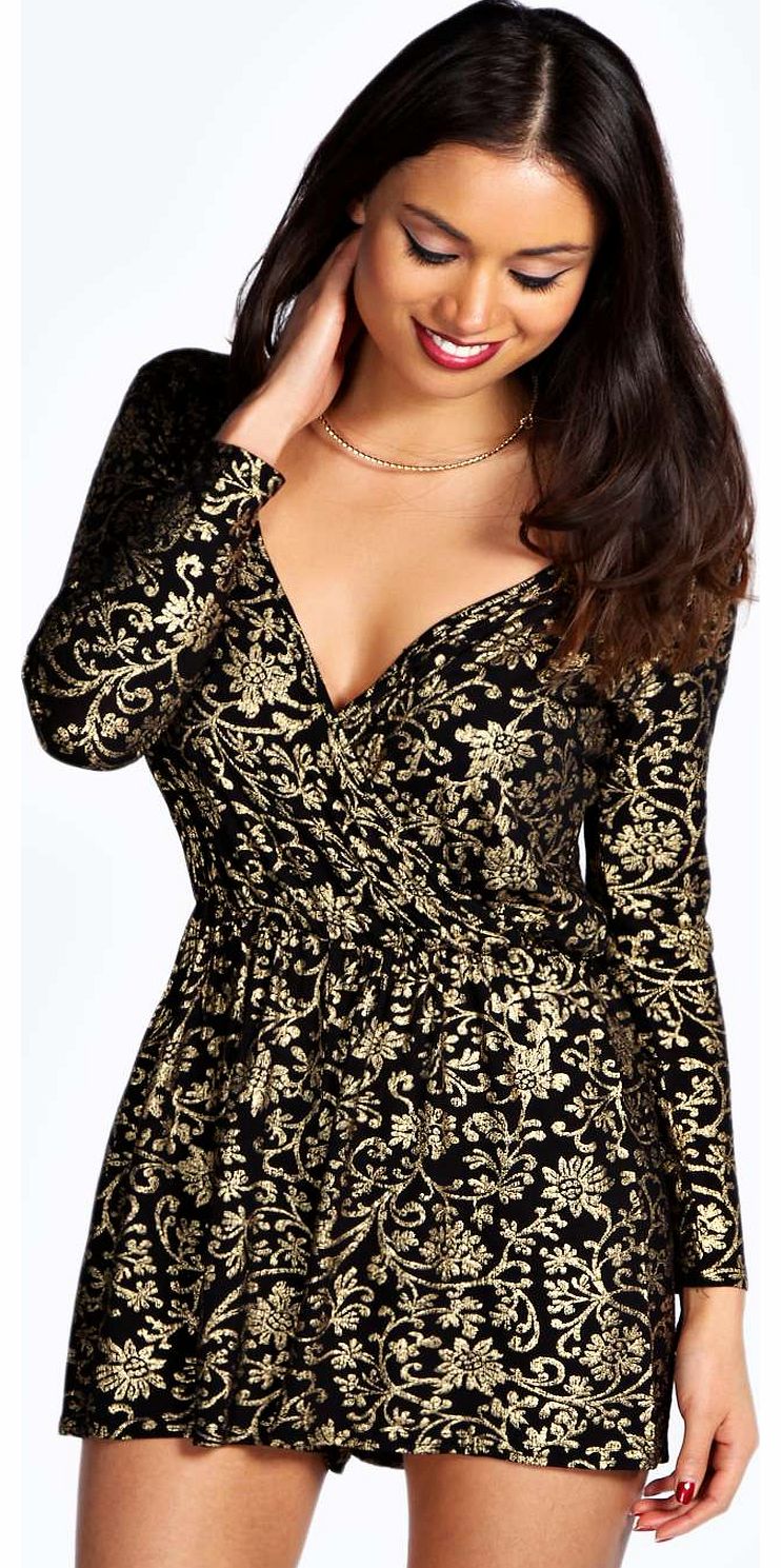 Evangaline Wrap Front Gold Brocade Playsuit -